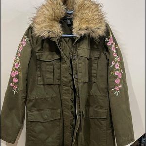 Army green detachable fur jacket